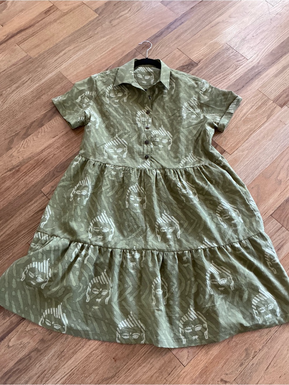 Women's Olive Green Tiered Midi Dress with Button Front